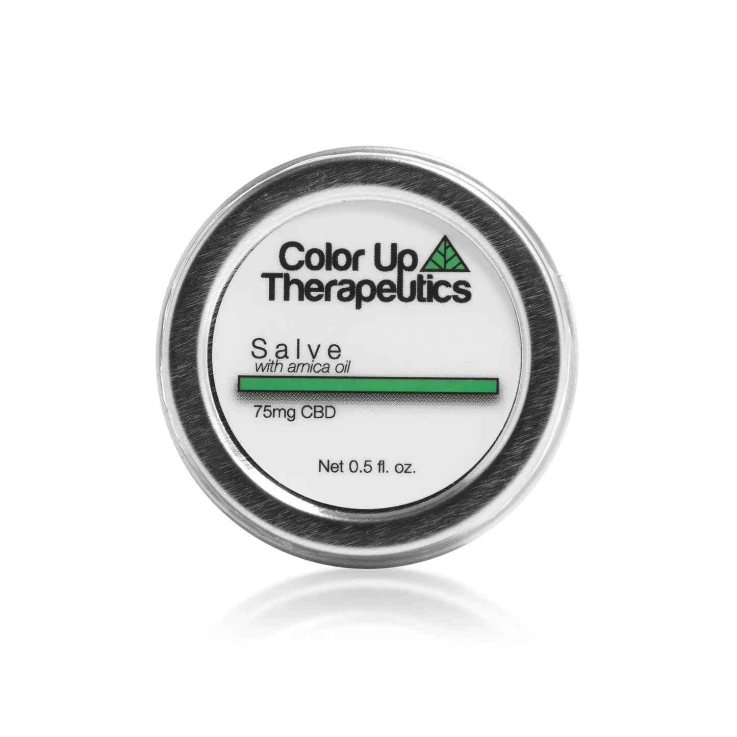 Color Up therapeutics label with 75mg Full Spectrum CBD in silver tin.