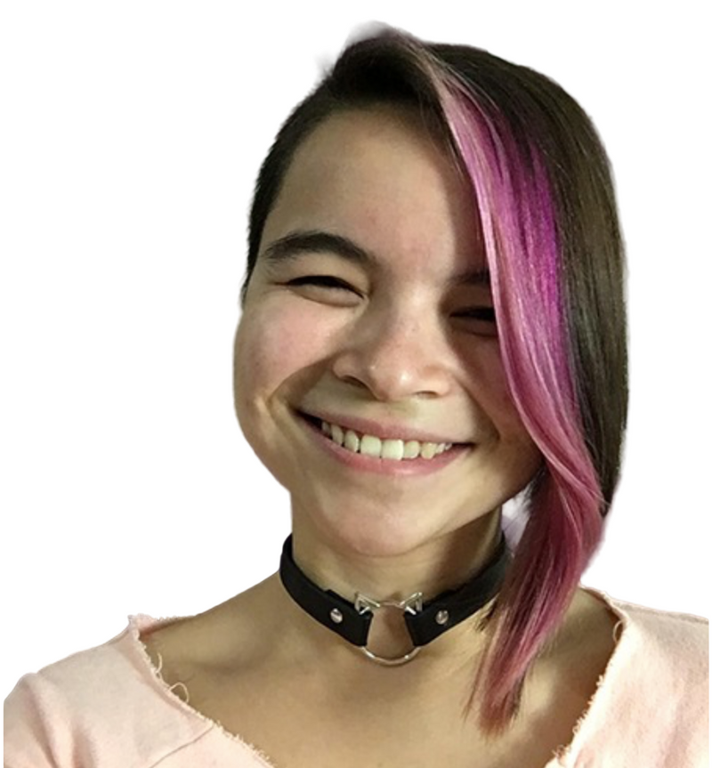 Person with pink hair and a black choker smiling in front of a purple background with a white design.