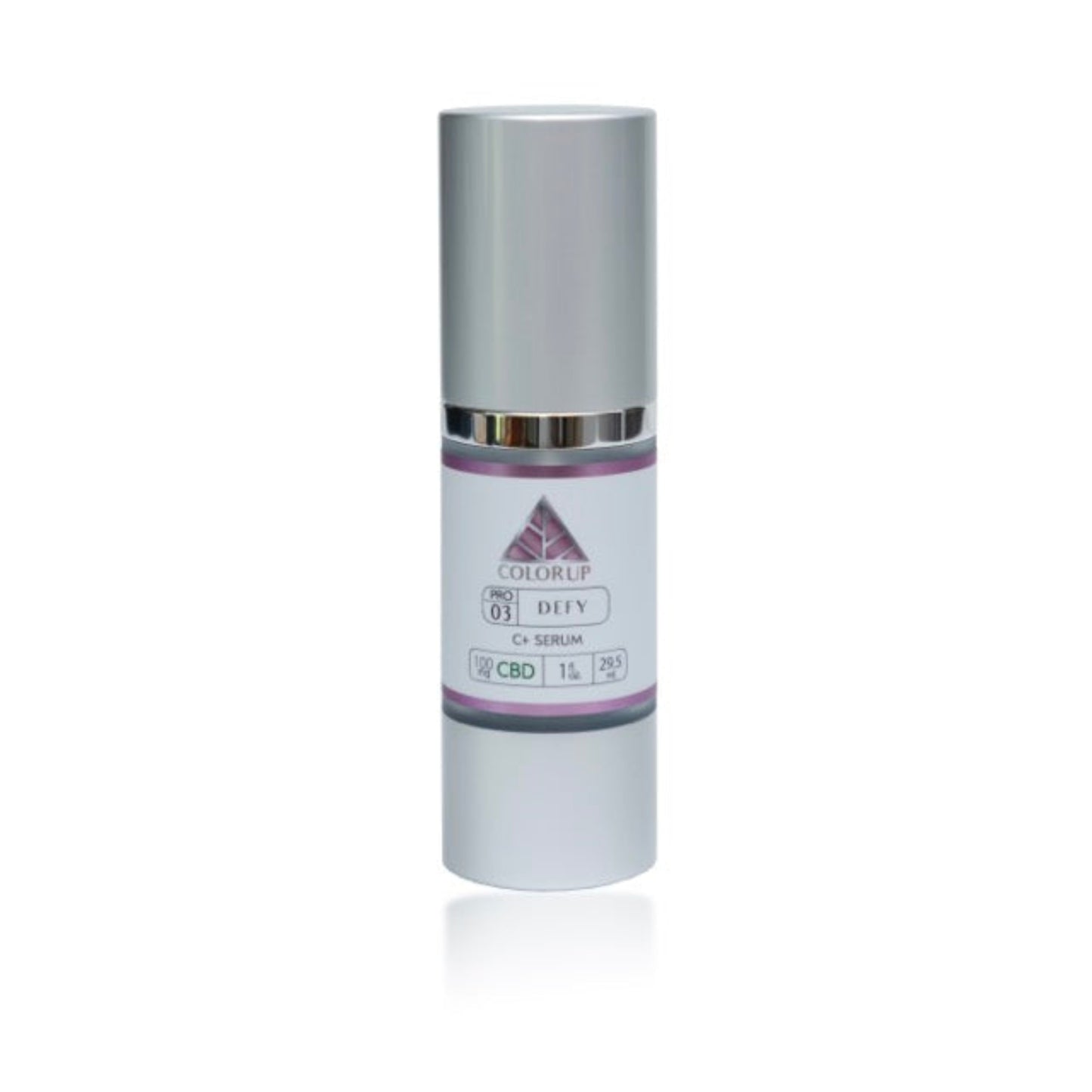 DEFY C+ Serum bottle with 'Color Up' pink logo on silver cosmetic bottle on white background