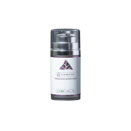 Color Up ELEMENTAL TINTED Zinc Moisturizer with CBD, non-nano zinc oxide, and sheer mineral coverage on white background.