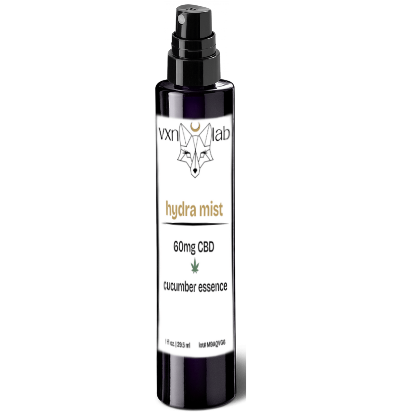 CBD Hydrating Mist by VXN Lab label on violet blue bottle with spray top.