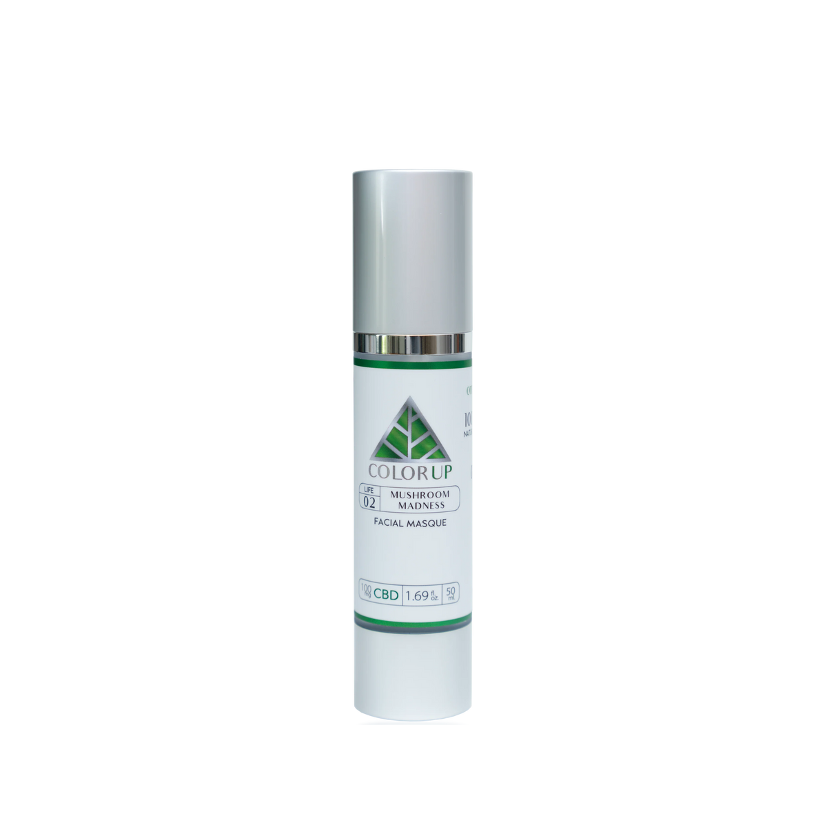 Color Up Mushroom Madness label with green triangle logo in tall silver cosmetics bottle with transparent background.