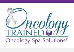 Oncology Spa Solutions with white ribbon inside "O' with Oncology Trained above Oncology Spa Solutions logo