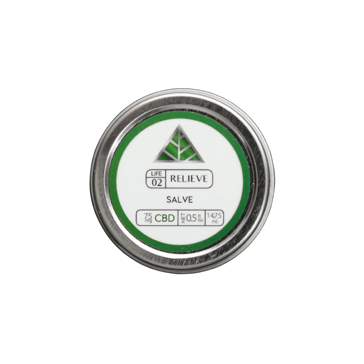 Color Up RELIEVE Pure CBD Salve in 0.5 oz travel tin with hemp seed oil, beeswax, arnica, and 75mg CBD on a white background.