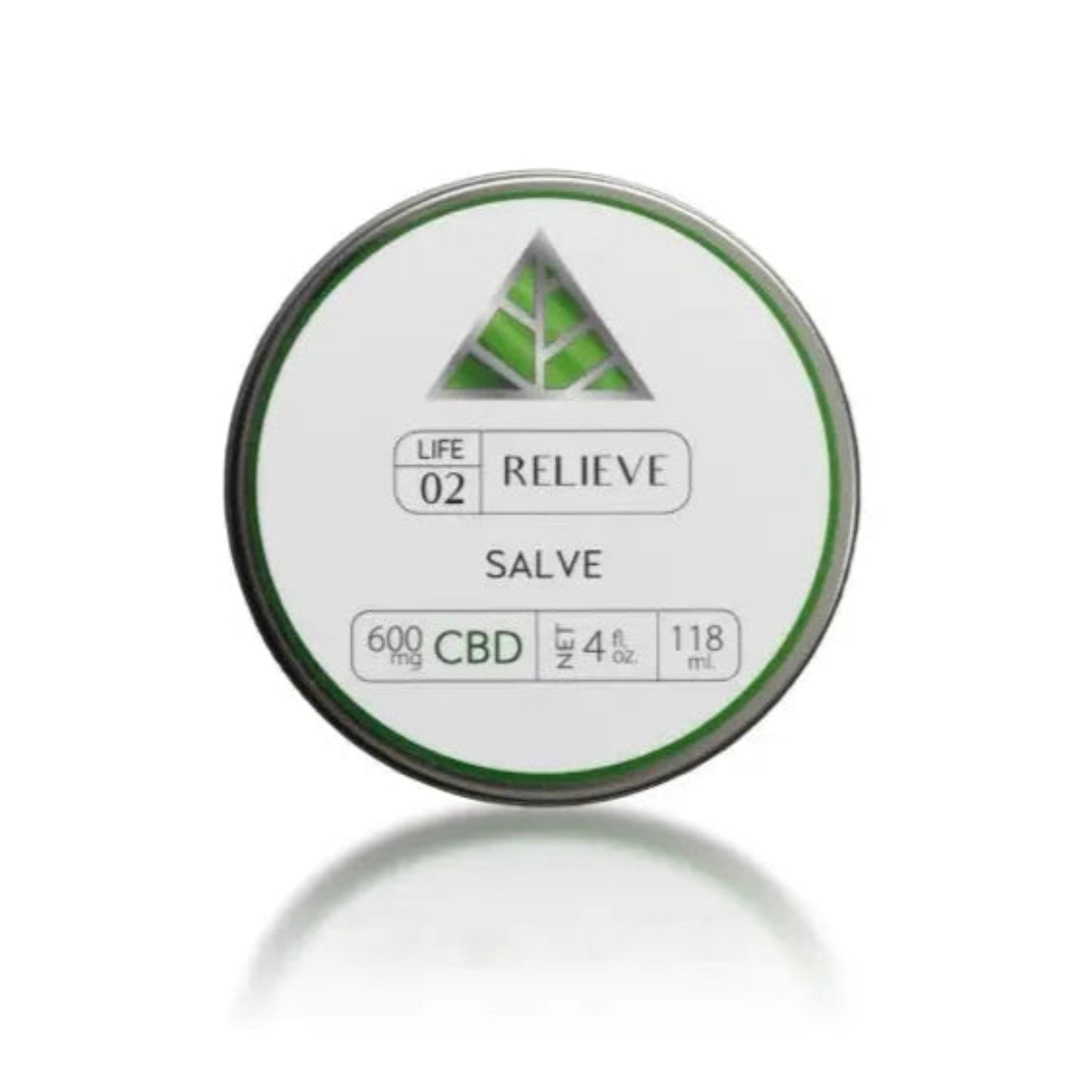Relieve CBD Salve - 600mg - 4oz Color Up label in a silver tin.