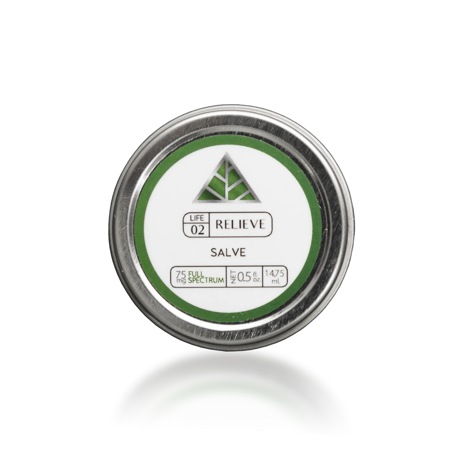 Color Up RELIEVE Full Spectrum Salve in travel-size 0.5 oz tin with hemp beeswax on a transparent background.