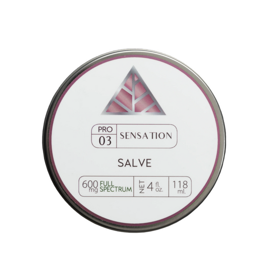 Silver salve container labeled 'Pro 03 Sensation Salve on a white background.