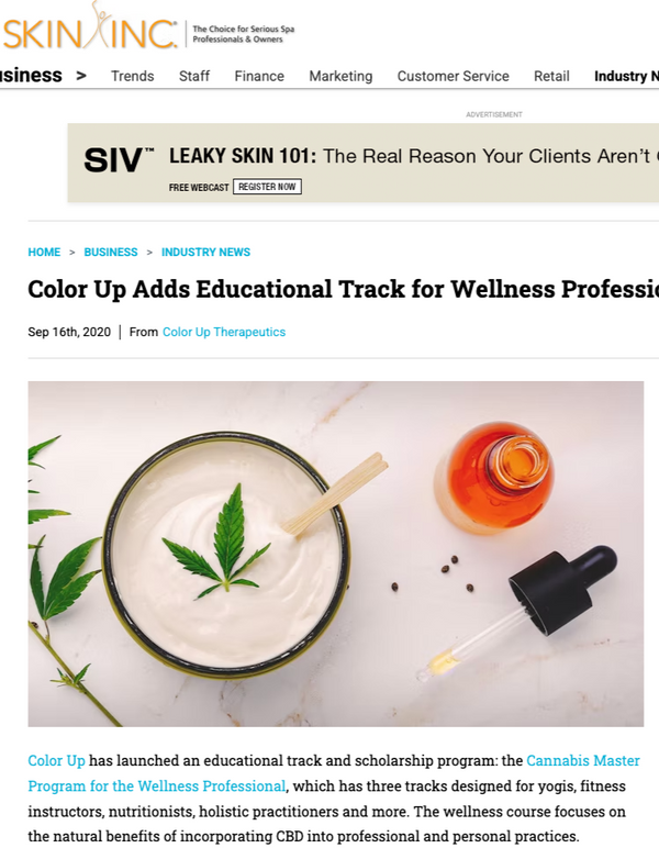 Webpage with article about Color Up's educational track for wellness professionals on a white background.