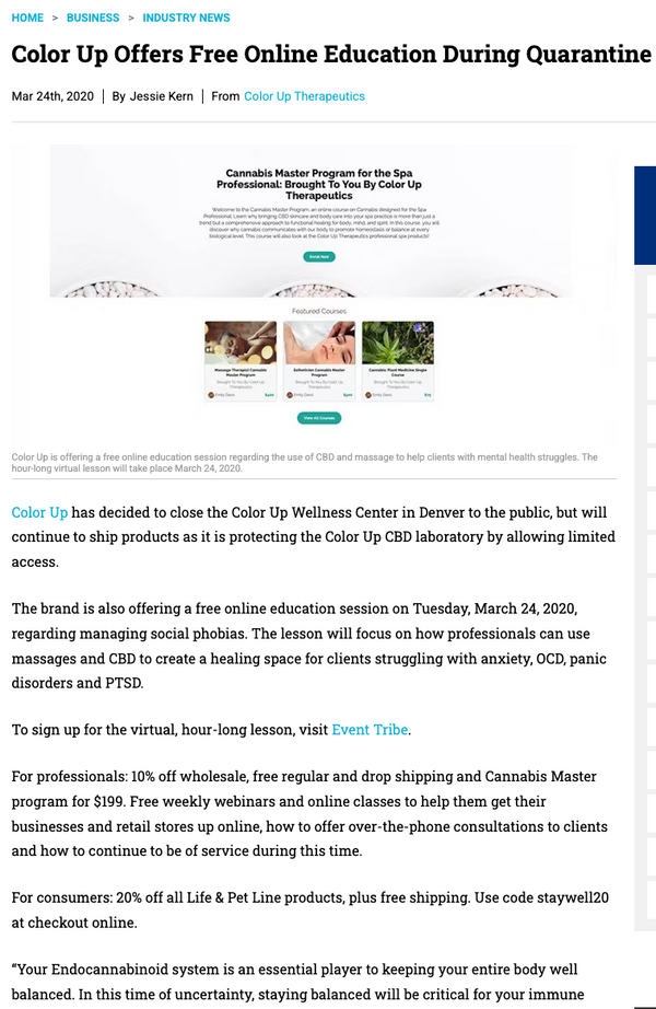 Webpage about Color Up offering free online education during quarantine