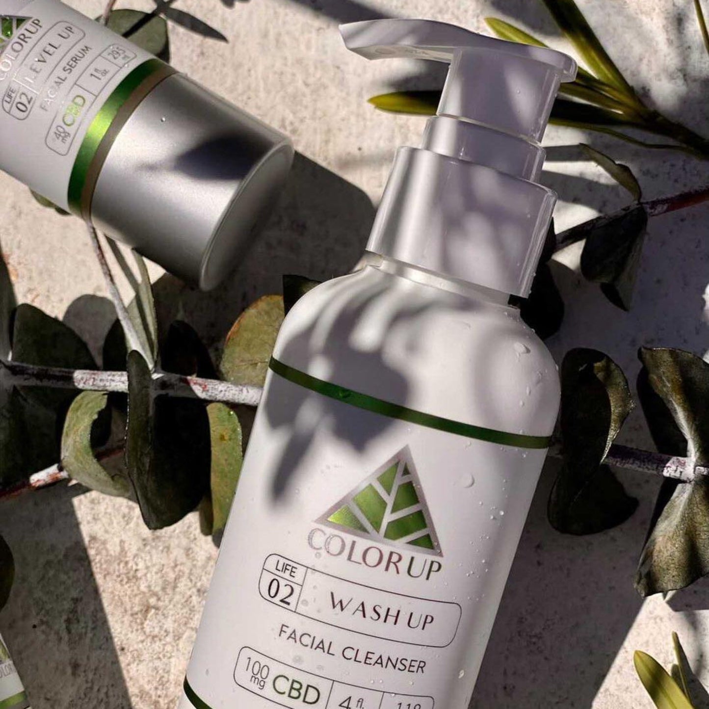 White cleanser bottle with 'ColorUp Wash Up Facial Cleanser' branding on a textured surface with green leaves.