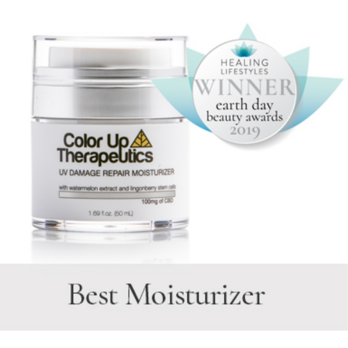 Color Up Therapeutics UV Damage Repair Moisturizer jar with award badge for best moisturizer at healing lifestyles.