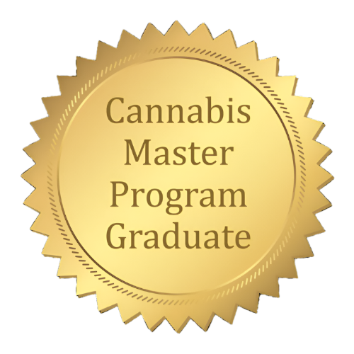 Gold badge with 'Cannabis Master Program Graduate' text on a white background for graduates of Color Up by House of VXN's education program.