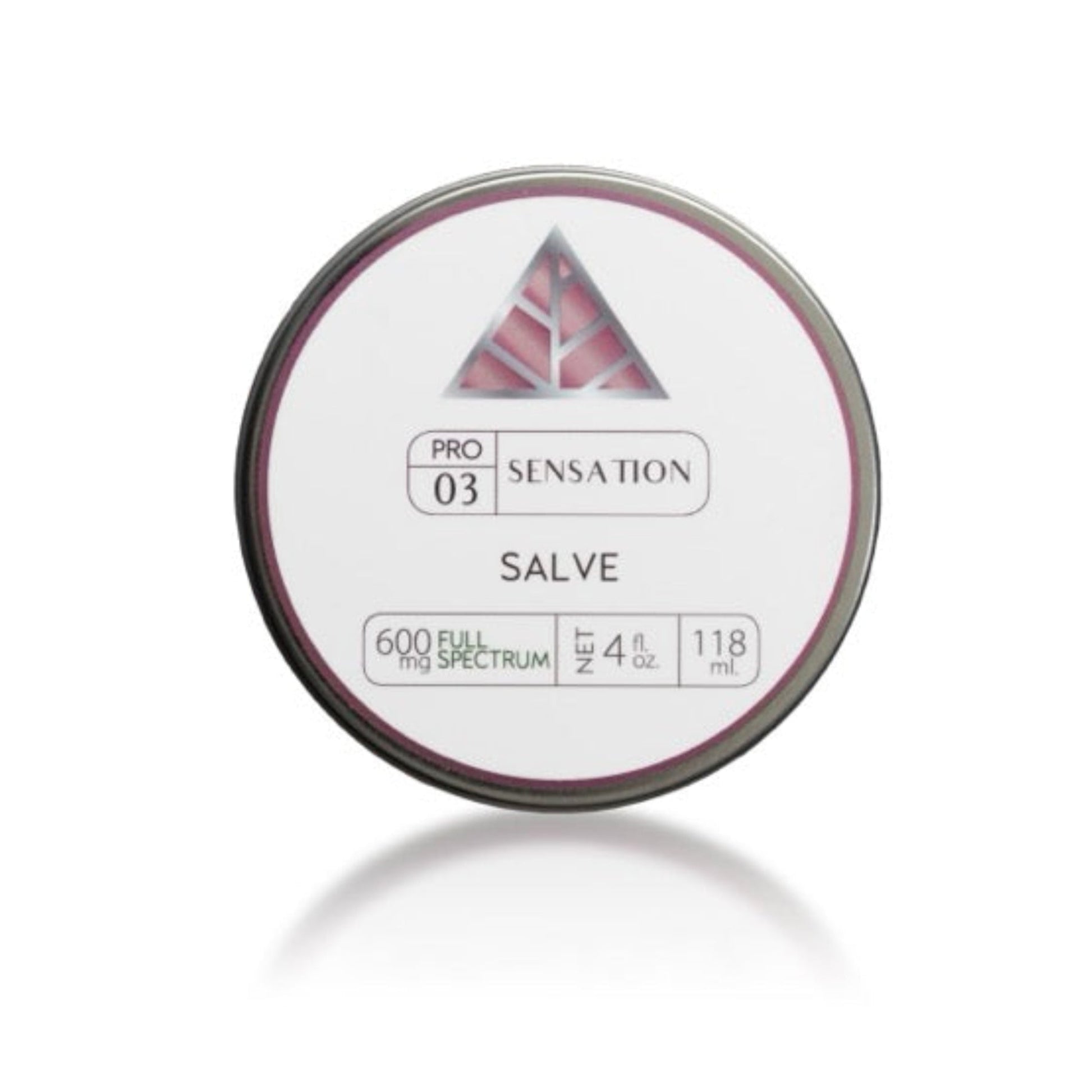 Salve container with branding 'sensation 4oz full spec salve 600mg' on a white background