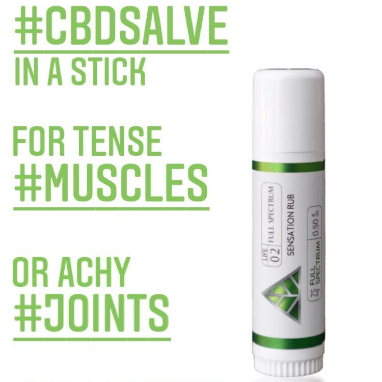 CBD salve stick with promotional text on a white background