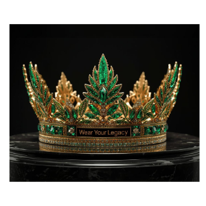 Gold and green crown with cannabis leaf design on a black background