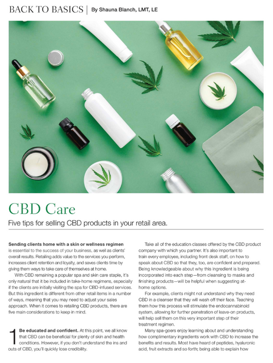 An article in Day Spa magazine titled "Back to Basics" CBD Care written by Shauna Blanch, owner of Color Up