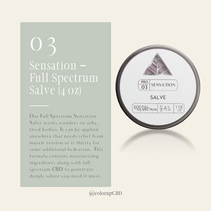 Three tin containers in a row with Color Up Sensation Salve in three different sizes with pink triangle logo.