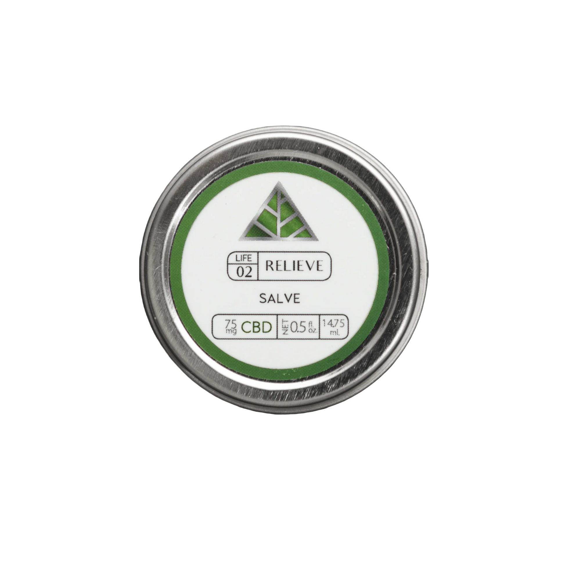 Color Up RELIEVE Pure CBD Salve in 0.5 oz travel tin with hemp seed oil, beeswax, arnica, and 75mg CBD on a white background.