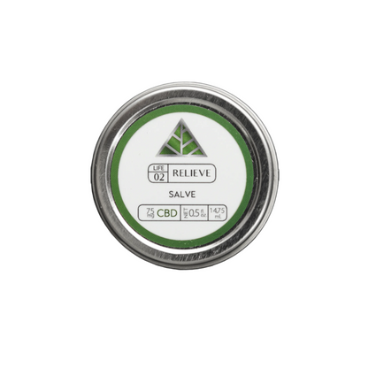 Color Up RELIEVE Pure CBD Salve in 0.5 oz travel tin with hemp seed oil, beeswax, arnica, and 75mg CBD on a white background.
