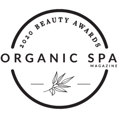 Logo for Organic Spa Magazine's 2020 Beauty Awards with a leaf design.