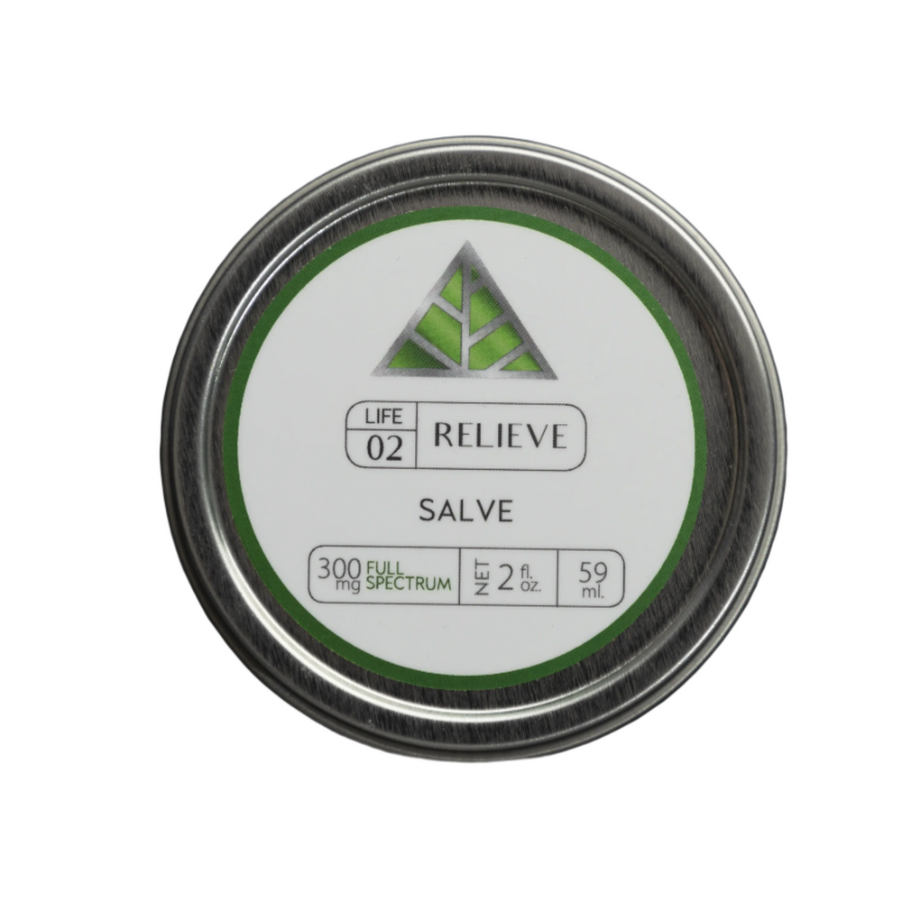 Relieve Full Spectrum 300mg 2oz salve in silver tin with color up label and green triangle