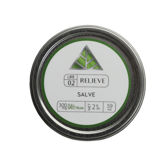 Color Up RELIEVE Full Spectrum Salve in 2 oz tin with CBD, CBG, CBN, CBC, hemp seed oil, beeswax, and arnica on white background.