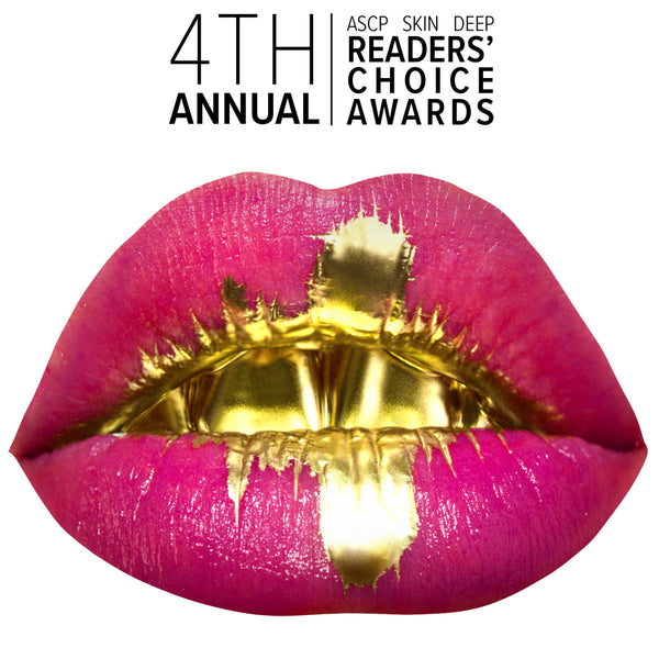 Promotional graphic for Color Up awarded the 4th Annual ASCP Skin Deep Readers' Choice Awards with pink lips and gold foil.