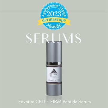 CBD Firm Peptide Serum bottle with Dermascope Award badge Aestheticians' Choice Awards 2023 on a gray background