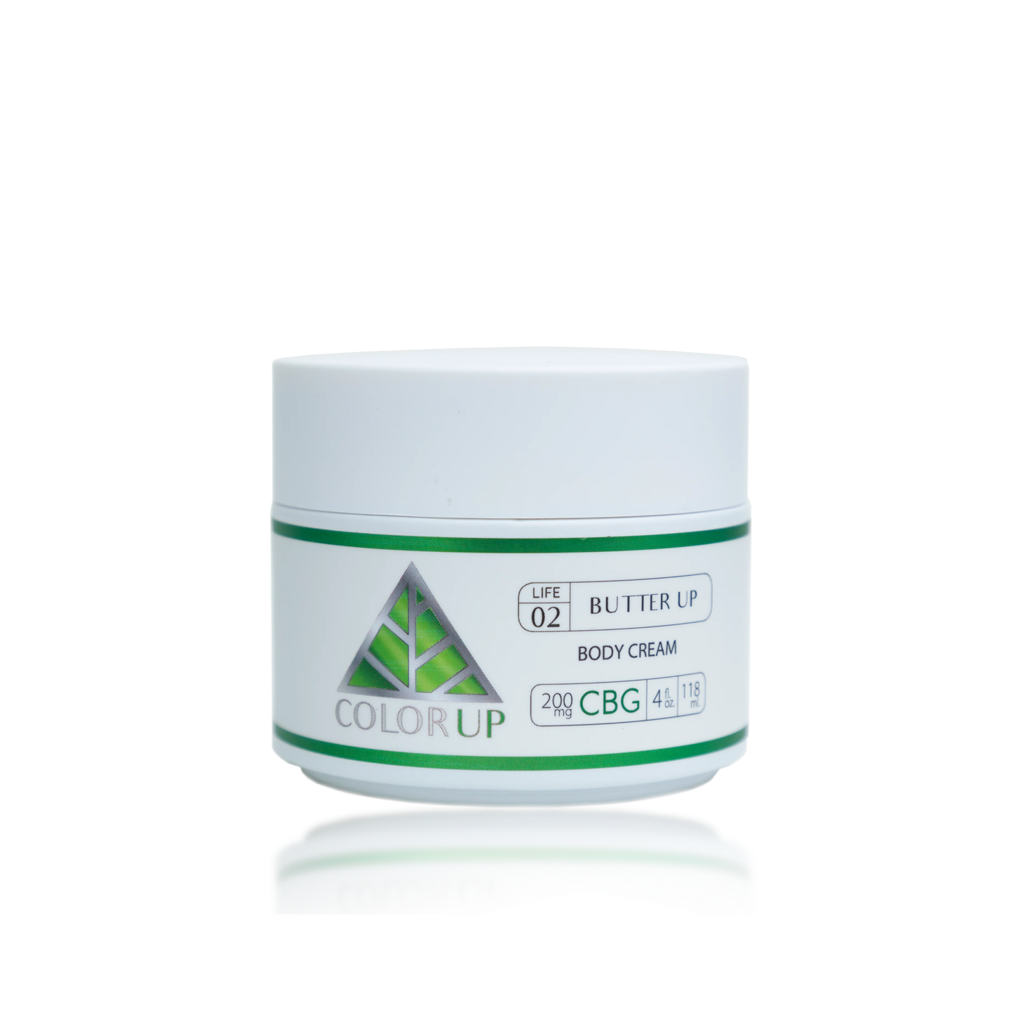 White jar with Color Up 200mg CBG Butter Up Body Cream label and green triangle on white background