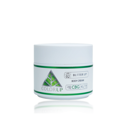 White jar with Color Up 200mg CBG Butter Up Body Cream label and green triangle on white background