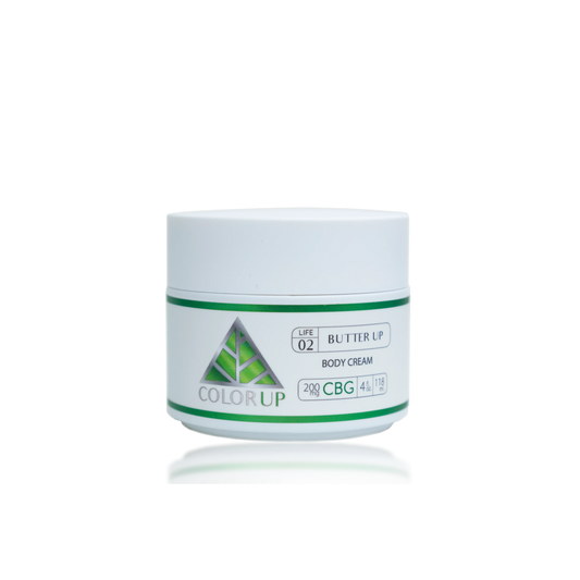 White jar with Color Up Butter Up Body Cream label and green triangle on transparent background 