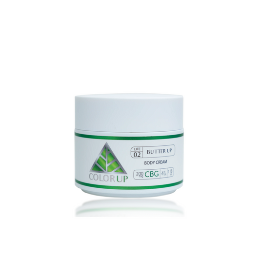White jar with Color Up BUTTER UP Body Cream label and green triangle on white background