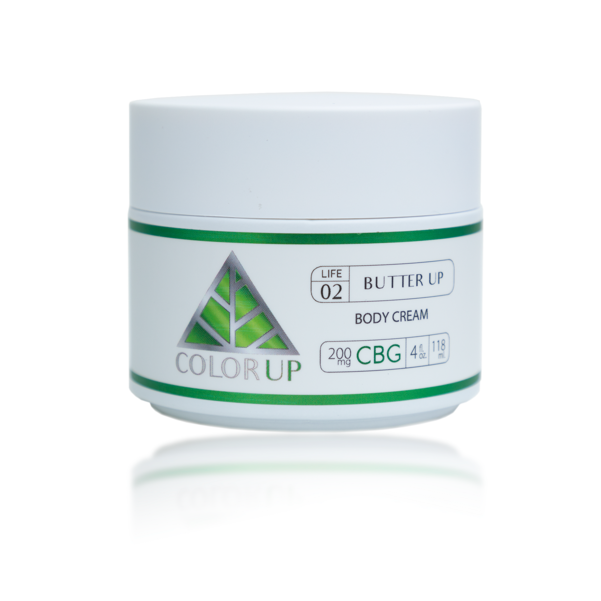 White jar with Color Up 200mg CBG Butter Up Body Cream label and green triangle on transparent background