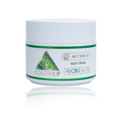 White jar with Color Up 200mg CBG Butter Up Body Cream label and green triangle on transparent background