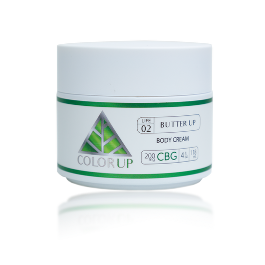 White jar with Color Up 200mg CBG Butter Up Body Cream label and green triangle on transparent background