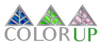 Logo of 'Color Up' with triangular color samples above the text on a white background