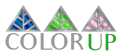 Logo of 'Color Up' with triangular color samples above the text on a white background