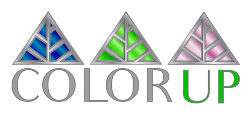 Logo of 'Color Up' with triangular color samples above the text on a white background
