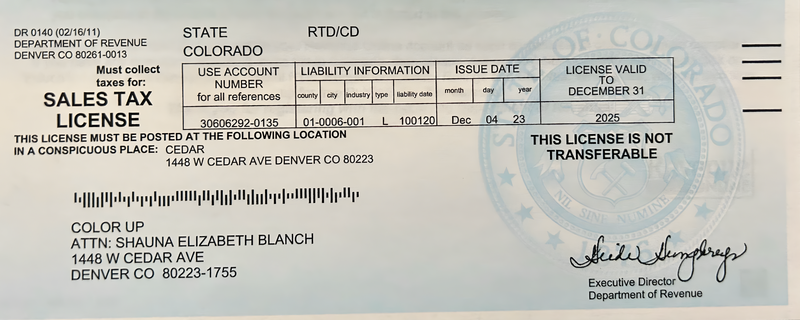 Color Up Sales tax license from the Colorado Department of Revenue with text and logos.