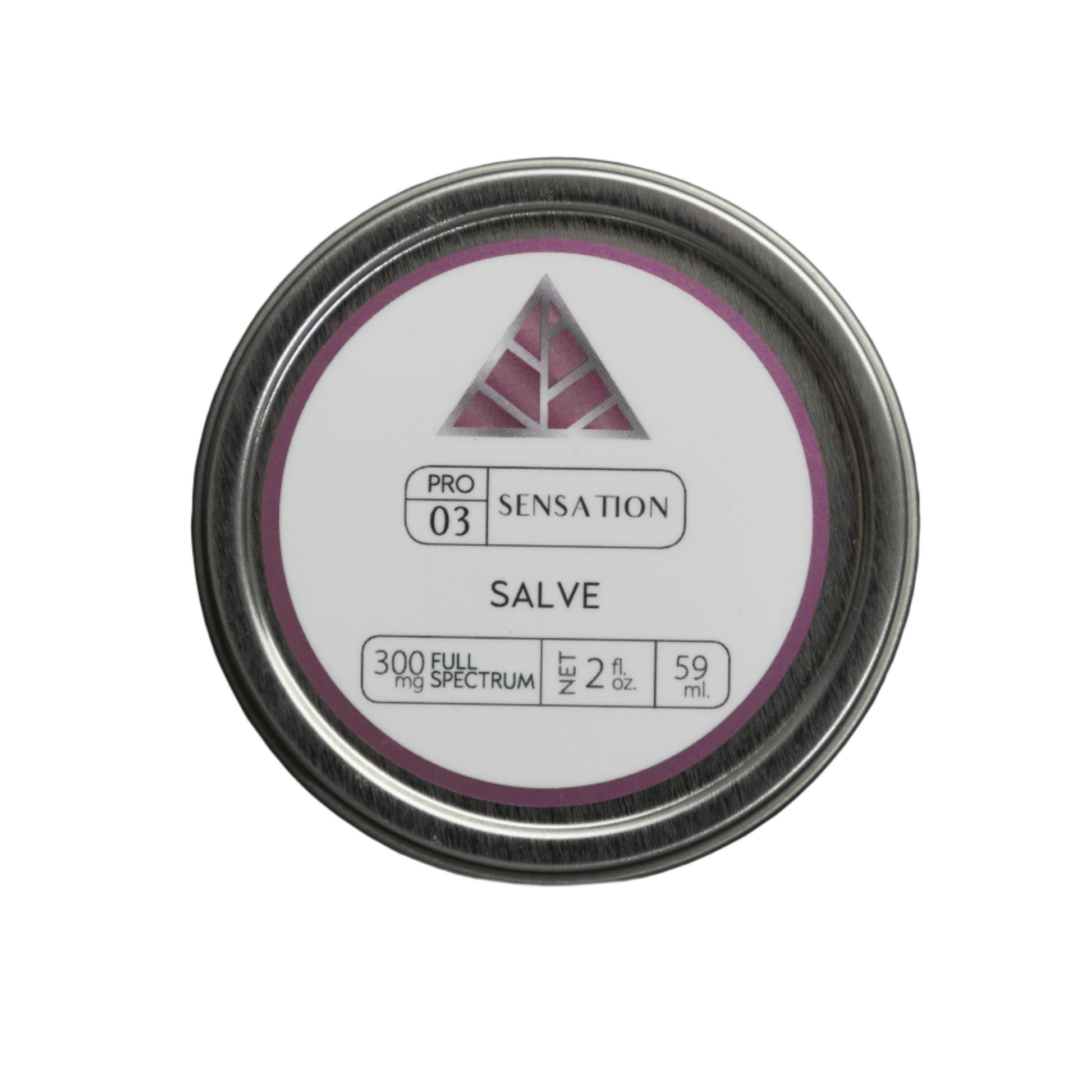 Metallic tin labeled 'Pro 03 Sensation Salve' on a white background