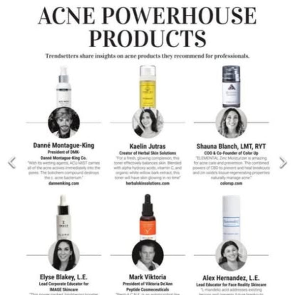 Advertisement for acne powerhouse products with images of people including Shauna Blanch - Founder and Co-owner and Color Up Elemental Zinc Moisturizer