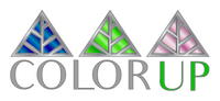 Logo of 'Color Up' with three triangles above the name in blue, green, and pink with silver lines through center and edges.