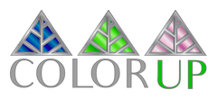 Logo of 'Color Up' with three triangles above the name in blue, green, and pink with silver lines through center and edges.