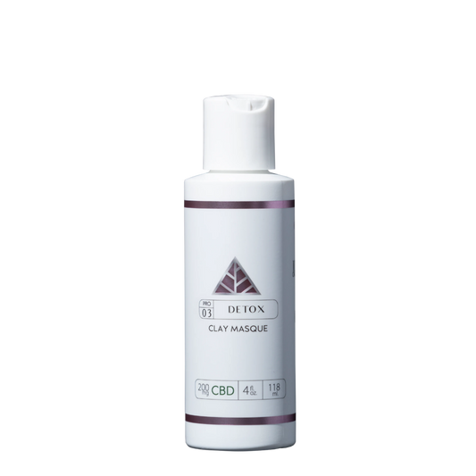 White squeeze bottle with 'Detox Clay Masque' label with pink Color Up triangle on transparent background.