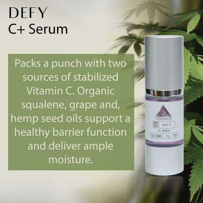 DEFY C+ Serum bottle with 'Color Up' pink logo on silver cosmetic bottle with product description in white on green background with plants.