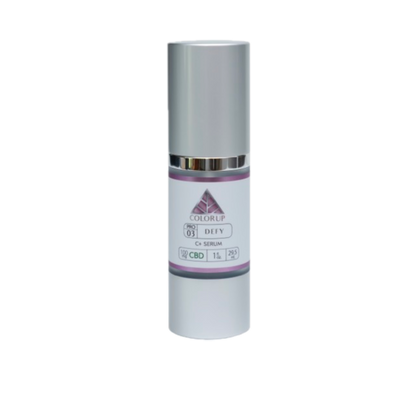 DEFY C+ Serum bottle with 'Color Up' pink logo on silver cosmetic bottle with transparent background