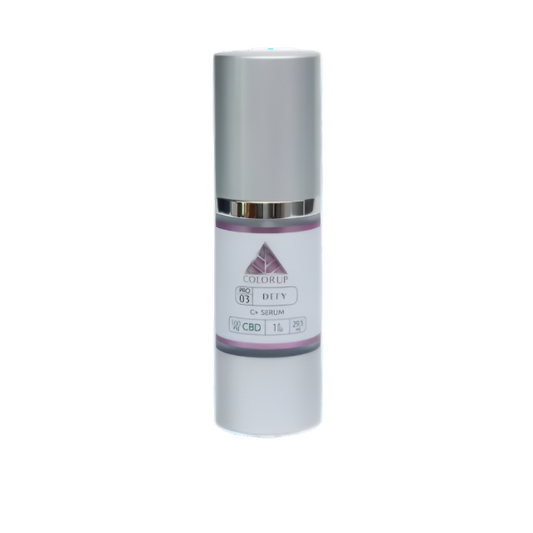 Defy C+ Serum label with pink triangle on Color Up label in silver bottle