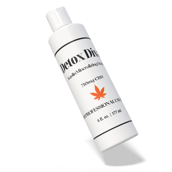 White bottle labeled 'Detox Dive' with CBD content on a white background