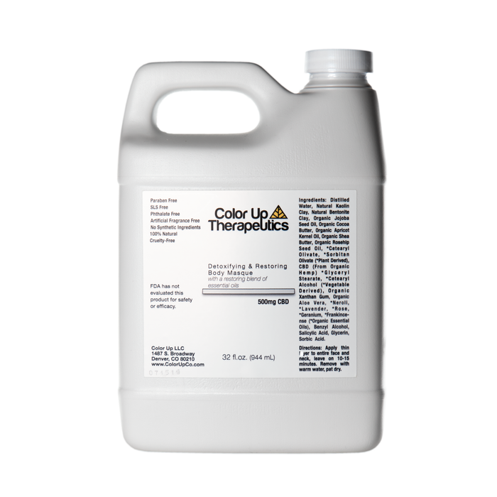 Large white bottle with handle and Color Up Therapeutics Detoxifying and Restoring Body Maque