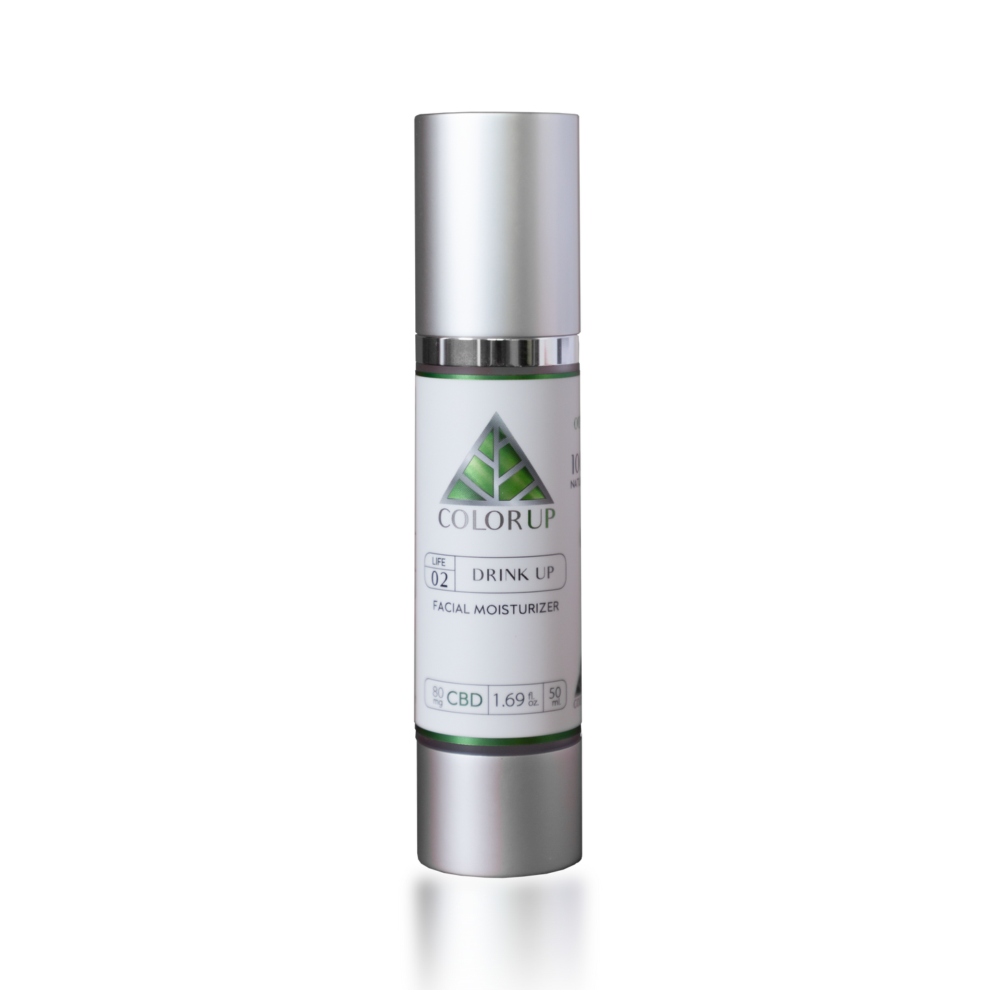 Skincare bottle labeled 'Color Up Drink Up Facial Moisturizer on a silver cosmetic bottle. 